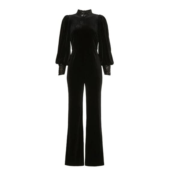 Badgley Mischka Black Velvet Jumpsuit SIZE 10 Cocktail Soft Sequin Designer $630 - Picture 3 of 11